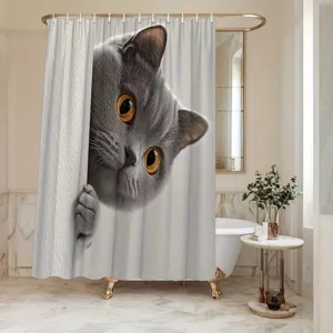 Cute 3D grey British Shorthair cat print waterproof shower curtain for bathroom decor