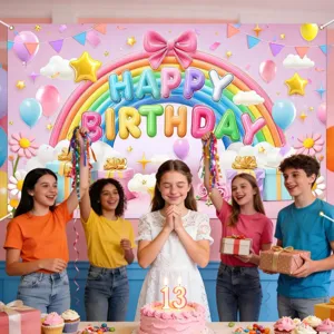 Colorful macaron rainbow happy birthday backdrop for kids party photography decoration