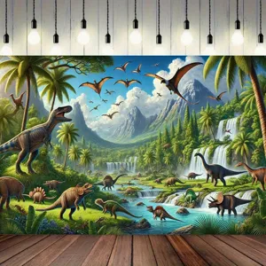 Vibrant dinosaur jungle photography backdrop for Jurassic themed kids party photography