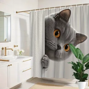 Cute grey British Shorthair cat 3D print shower curtain for modern bathroom decor