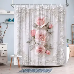 Eleganter Europäischer Duschvorhang 3D Rosa Rose Druck Wasserdichter Polyester Badvorhang Mit 12 Haken Für Badezimmer Dekor