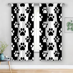 Black and white pet themed curtains with dog paw print pattern for living room