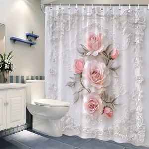 Luxuriöser Duschvorhang mit 3D-Rosa-Rose und elegantem Spitzen-Blumenmuster Dekor