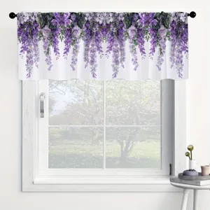 Pastoral Wisteria Floral Printed Valance Rod Pocket Kitchen Curtain White Polyester Small Window Treatment Cafe Valance