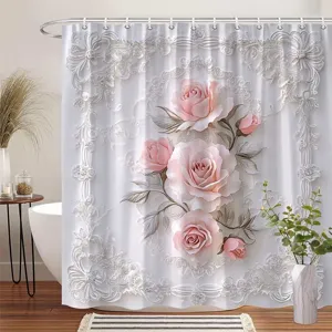 Eleganter weißer Duschvorhang mit 3D-Rosa-Rosen und Spitzenmuster für Luxusbäder.