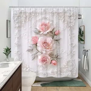 Luxuriöser Duschvorhang mit 3D-Rosa-Rose und weißem Spitzenblumendruck für das Badezimmer