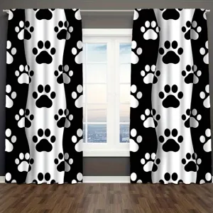 Black and white paw print curtains for pet-themed bedroom decor