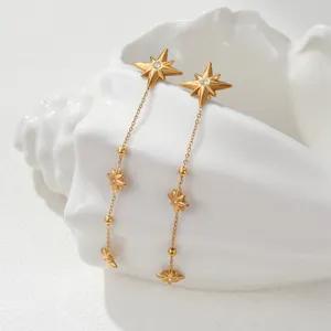 Macro view of gold-plated eight-pointed star tassel earrings with sparkling zircon accents