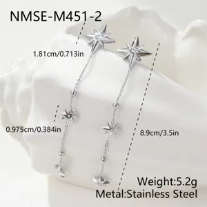 Detail view of silver stainless steel eight-pointed star tassel earrings with dimensions.