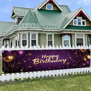 Luxurious Purple Gold Happy Birthday Banner Decoration With Balloons Foil Stars Pattern Elegant Birthday Party Backdrop Banner