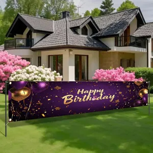 Purple and gold Happy Birthday banner with balloons and stars for outdoor party decor