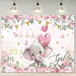 Pink Elephant Baby Shower Backdrop For Girl Oh Baby It Is A Girl Photography Background Pink Floral Heart Balloons Party Decoration Banner