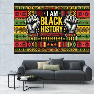 Vibrant Black History Month backdrop featuring clenched fist graphics and Pan-African colors