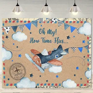 Sfondo Fotografico Aereo Vintage Oh My How Time Flies Poliestere Nuvole Stelle Banner Per Decorazione Festa Compleanno Bambini