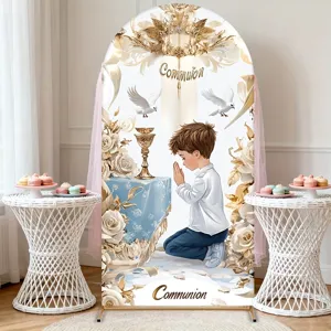 Cubierta de Fondo en Arco para Bautizo de Niño Decoración de Primera Comunión Paloma Blanca Cáliz Dorado Patrón Floral Fondo de Poliéster