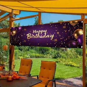 Luxury purple and gold Happy Birthday banner with balloons and stars for outdoor party