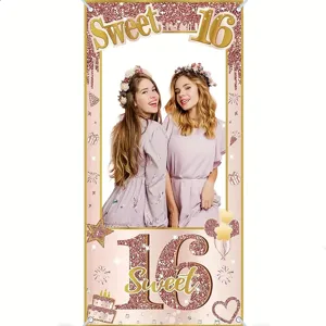 Roségoldener Sweet 16 Geburtstag Party Fotorequisiten Banner mit dekorativem Ausschnitt