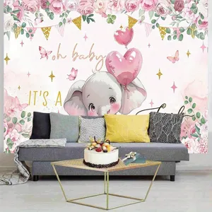 Pink elephant baby shower photography backdrop with floral hearts for baby girl party decor