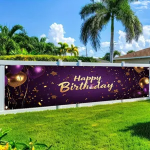 Elegant purple and gold Happy Birthday banner for outdoor garden fence celebration decoration