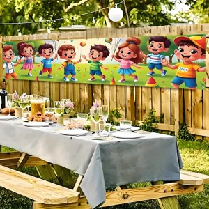 Vibrant children's party banner with cartoon kids for festive garden celebration decor.