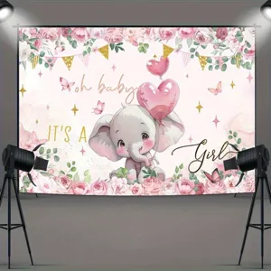 Pink elephant baby shower photography backdrop featuring It's a Girl text and floral designs