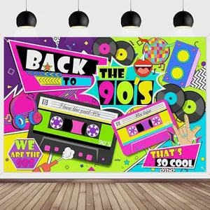 Sfondo Fotografico Retro Anni '90 Decorazioni per Feste Back to the 90s Cassetta Dischi in Vinile Neon Disco Party Banner