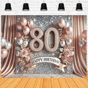 Toile de fond photo pour 80e anniversaire or rose avec ballons fleurs et paillettes