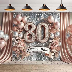 Toile de fond 80e anniversaire or rose avec ballons et fleurs pour décor de fête