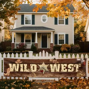 Outdoor Wild West themed banner with cowboy hat and boots for yard party decoration