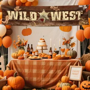 Rustic Wild West party banner featuring cowboy sheriff elements for festive outdoor yard decor