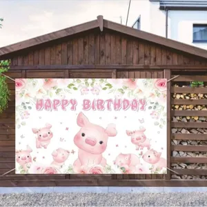 Pink Cute Cartoon Pig Birthday Backdrop Floral Happy Birthday Photography Background For Kids Party Decoration Polyester Fabric