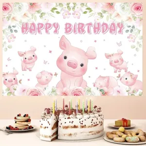 Pink cute pig birthday photography backdrop with floral elements for kids party