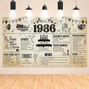 Toile de Fond Anniversaire Rétro Back In 1986 Imprimé Journal Vintage Fond de Photographie Bannière Décoration Anniversaire