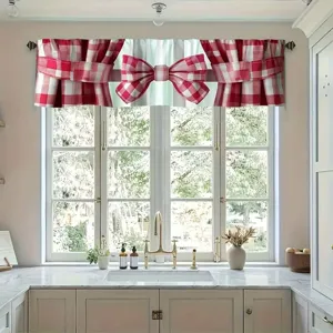 Pastoral Digital Printed Gingham Window Valance With Large Bowknot Polyester Rod Pocket Kitchen Cafe Curtain Home Decor