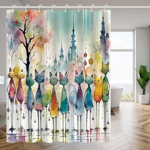 Abstrakte Kunst Katze Duschvorhang Wasserdicht Polyester Badezimmer Dekor Vorhang Mit Haken Aquarell Stil Katze Thema Duschvorhang