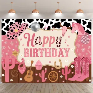Toile de Fond Photographie Thème Cowboy Occidental Vintage Rose Bleu Imprimé Vache Boule à Facettes Enfants Fête Anniversaire Bannière Décoration
