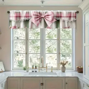 Chic floral plaid kitchen valance featuring a large pink bow for cafe window decoration