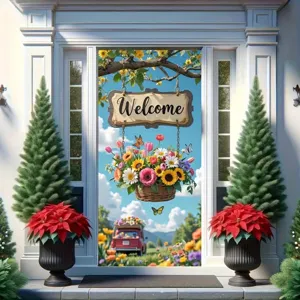 Decoratieve voorjaar deurhoes met bloemenmand en tuinlandschap voor de entree van huis