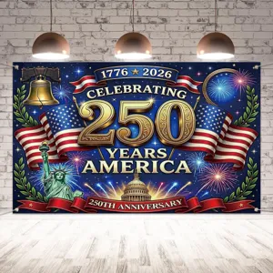American 250th anniversary photography backdrop featuring flags and historic landmarks