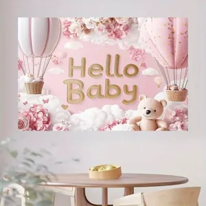 Professional pink baby shower photography backdrop featuring hot air balloons and teddy bear