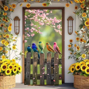 Kleurrijke lente deurafdekking met vogels op een hek en prachtige bloemendecoraties