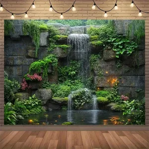 Waterfall and greenery photography backdrop for nature themed party wall decoration