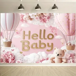 Pink baby shower backdrop with Hello Baby text, hot air balloons and teddy bear