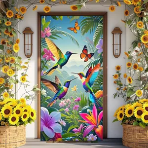 Kleurrijke deurhoes met kolibrie en bloemen voor lentefeestjes en de woningingang