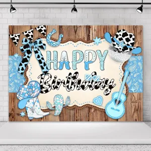 Toile de fond photographie anniversaire cowboy bleu avec motif vache pour enfants.
