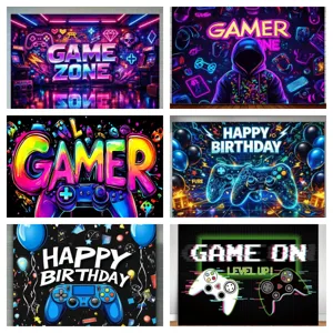 Υπόβαθρο Φωτογραφίας με Θέμα Gamer Neon Game Zone Τυπωμένη Πολυεστερική Ταπισερί για Διακόσμηση Παιδικού Πάρτι Γενεθλίων Δωμάτιο Παιχνιδιών