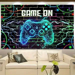 Φόντο φωτογραφίας με θέμα gaming, χειριστήριο νέον και σχέδιο με τούβλα για πάρτι