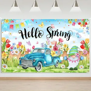 Hello Spring Photography Backdrop Floral Truck Gnome Pattern Pongee Fabric Wall Hanging Tapestry Spring Party Photo Background