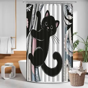 Cartoon Black Cat Shower Curtain Waterproof Polyester Bathroom Curtain With 12 Hooks Paisley Floral Pattern Home Decor Partition Screen