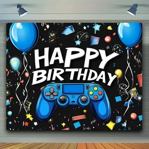 Φόντο φωτογραφίας γενεθλίων με θέμα το gaming, μπλε χειριστήριο και γιορτινά μπαλόνια